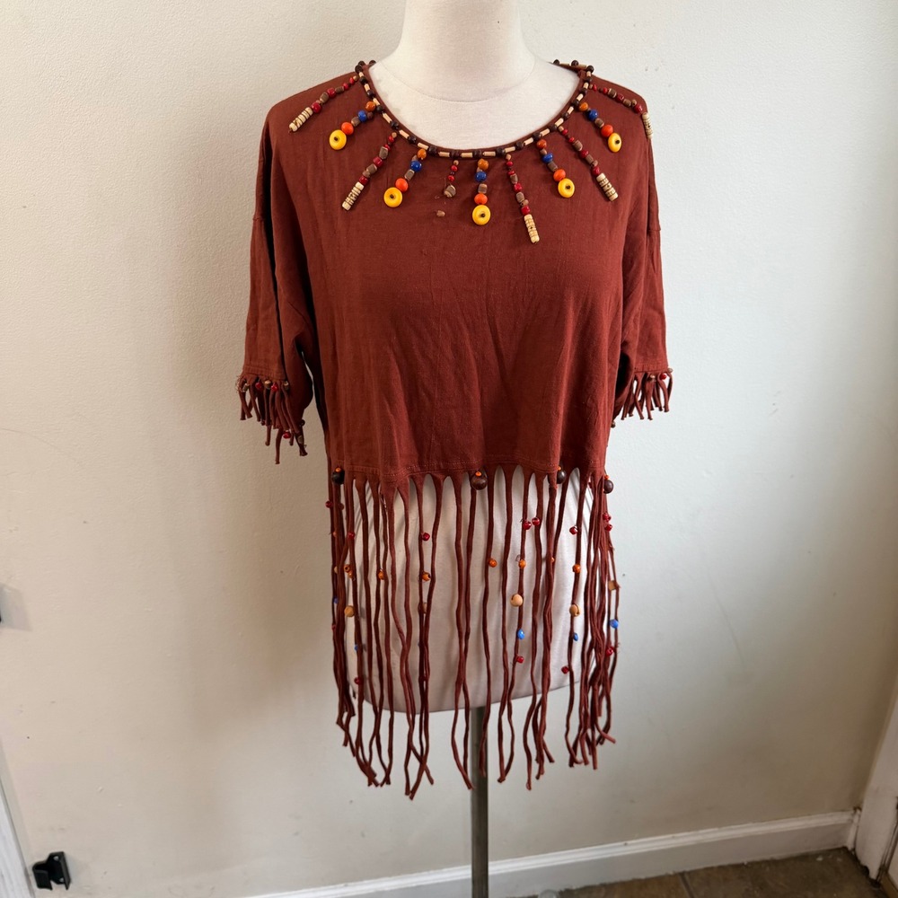 Vintage Style Boho Beaded Fringe Crop Top Terracotta Brown Cotton Small